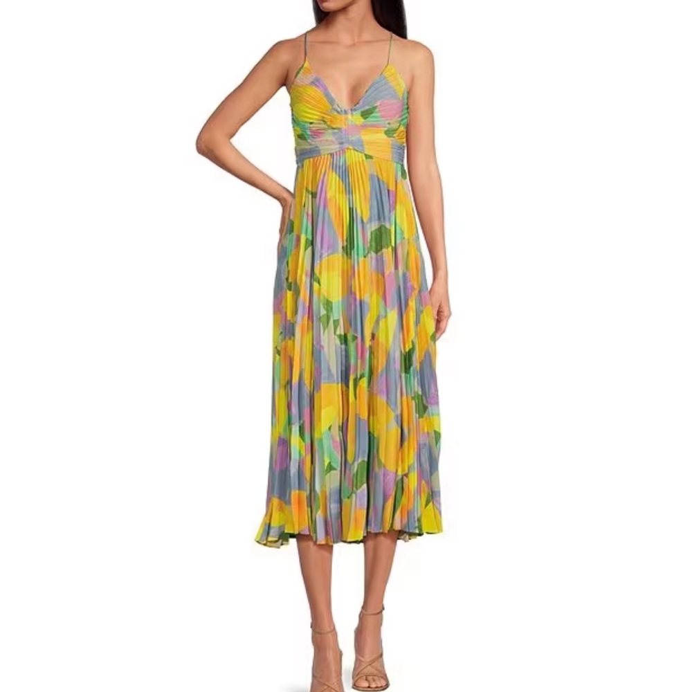 Blythe Abstract Print V-Neck SleevelessPleated Midi Dress